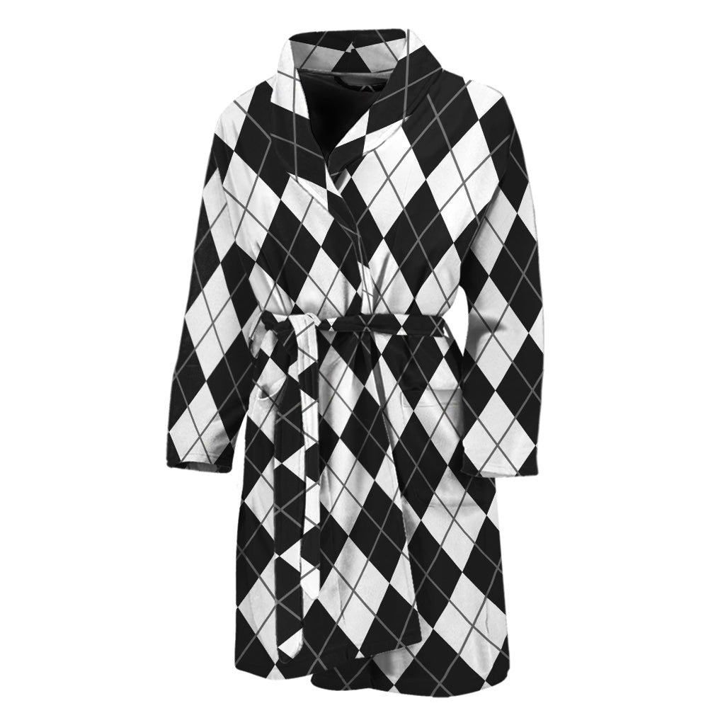 Black And White Argyle Pattern Print Men's Bathrobe