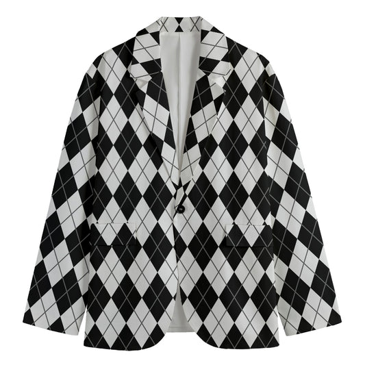 Black And White Argyle Pattern Print Men's Blazer