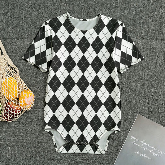 Black And White Argyle Pattern Print Men's Bodysuit