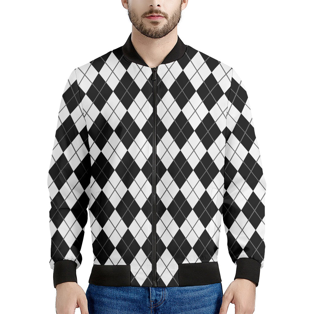 Black And White Argyle Pattern Print Men's Bomber Jacket