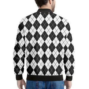 Black And White Argyle Pattern Print Men's Bomber Jacket