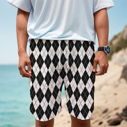 Black And White Argyle Pattern Print Men's Cargo Shorts
