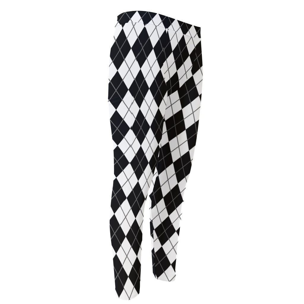 Black And White Argyle Pattern Print Men's Compression Pants