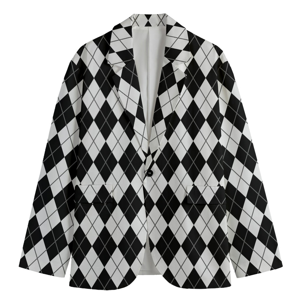 Black And White Argyle Pattern Print Men's Cotton Blazer