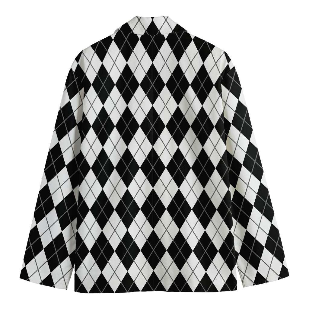 Black And White Argyle Pattern Print Men's Cotton Blazer