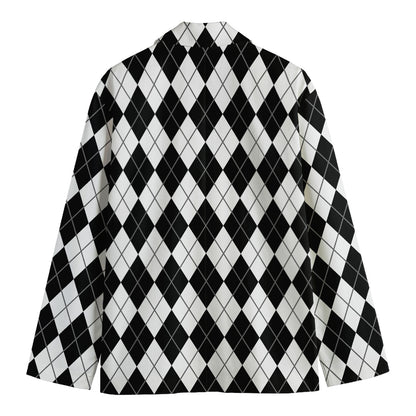 Black And White Argyle Pattern Print Men's Cotton Blazer