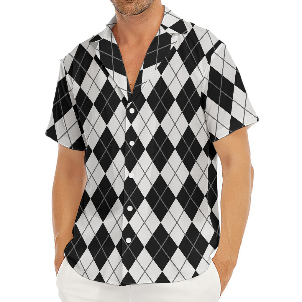 Black And White Argyle Pattern Print Men's Deep V-Neck Shirt