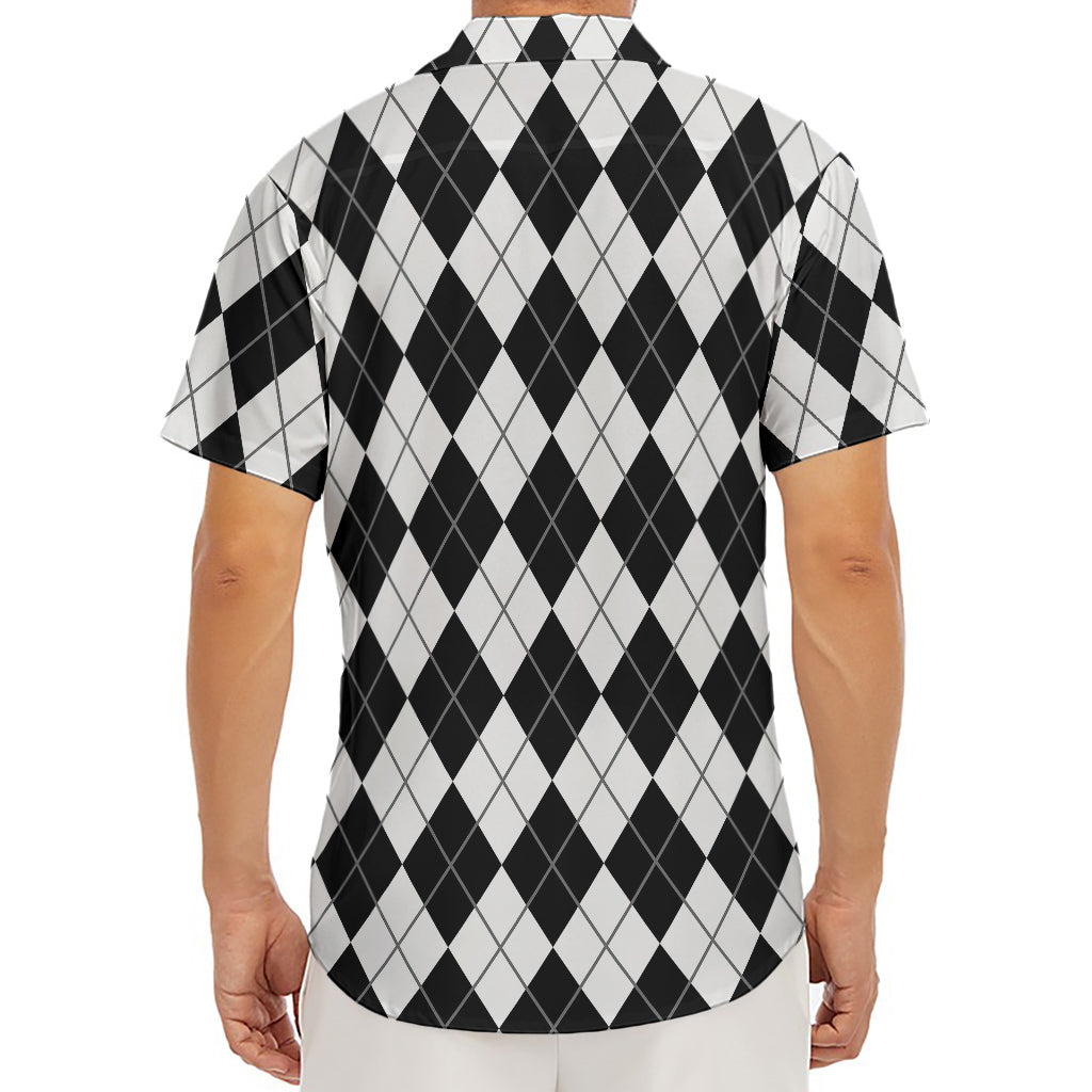 Black And White Argyle Pattern Print Men's Deep V-Neck Shirt
