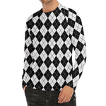 Black And White Argyle Pattern Print Men's Long Sleeve Rash Guard