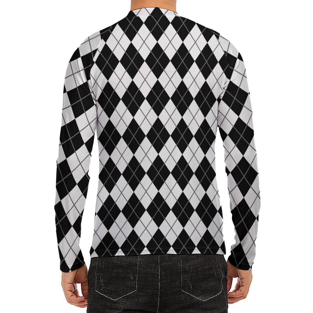 Black And White Argyle Pattern Print Men's Long Sleeve Rash Guard