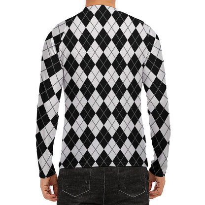 Black And White Argyle Pattern Print Men's Long Sleeve Rash Guard