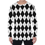 Black And White Argyle Pattern Print Men's Long Sleeve T-Shirt