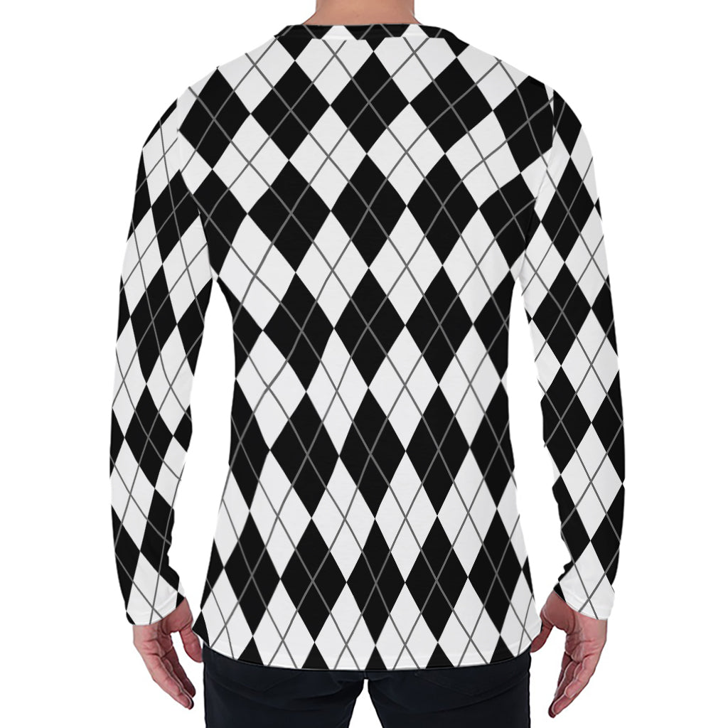 Black And White Argyle Pattern Print Men's Long Sleeve T-Shirt