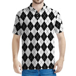 Black And White Argyle Pattern Print Men's Polo Shirt