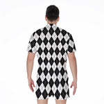 Black And White Argyle Pattern Print Men's Rompers