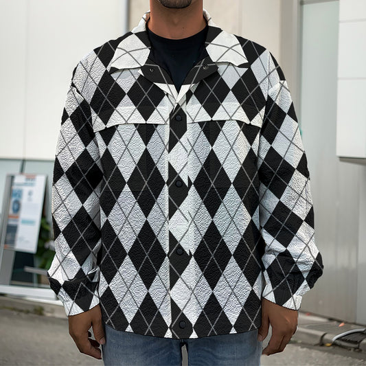 Black And White Argyle Pattern Print Men's Shirt Jacket