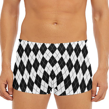 Black And White Argyle Pattern Print Men's Short Boxer Briefs
