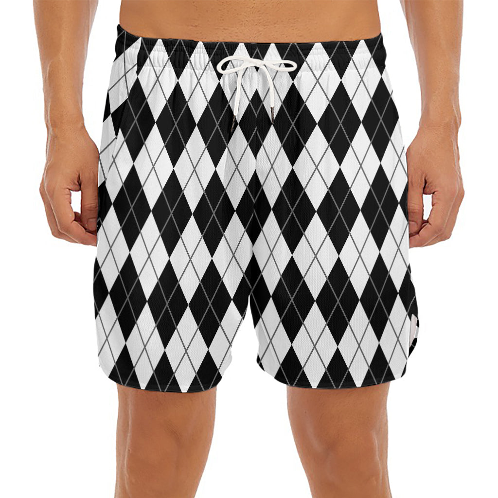Black And White Argyle Pattern Print Men's Split Running Shorts
