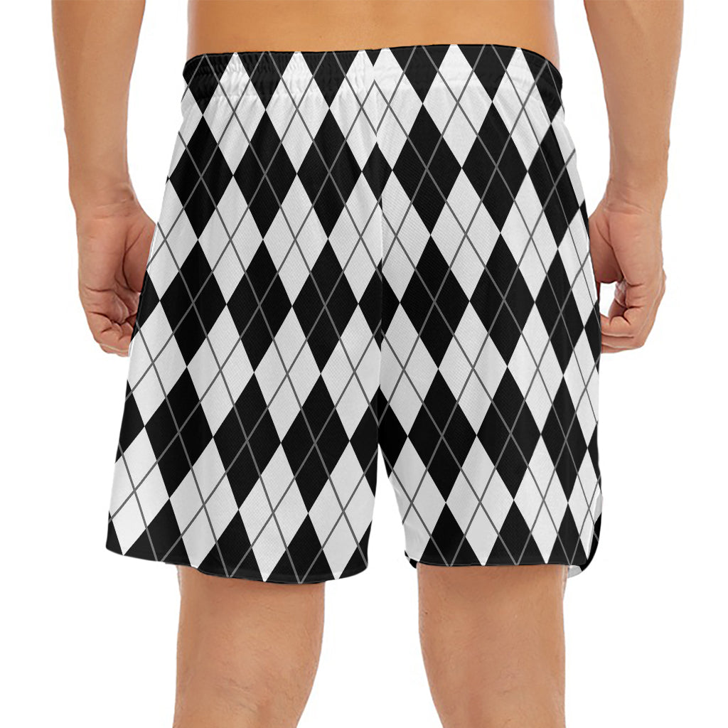 Black And White Argyle Pattern Print Men's Split Running Shorts