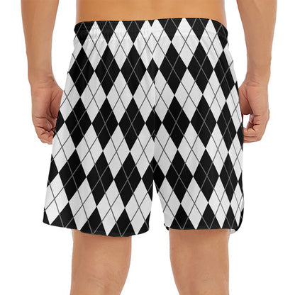 Black And White Argyle Pattern Print Men's Split Running Shorts