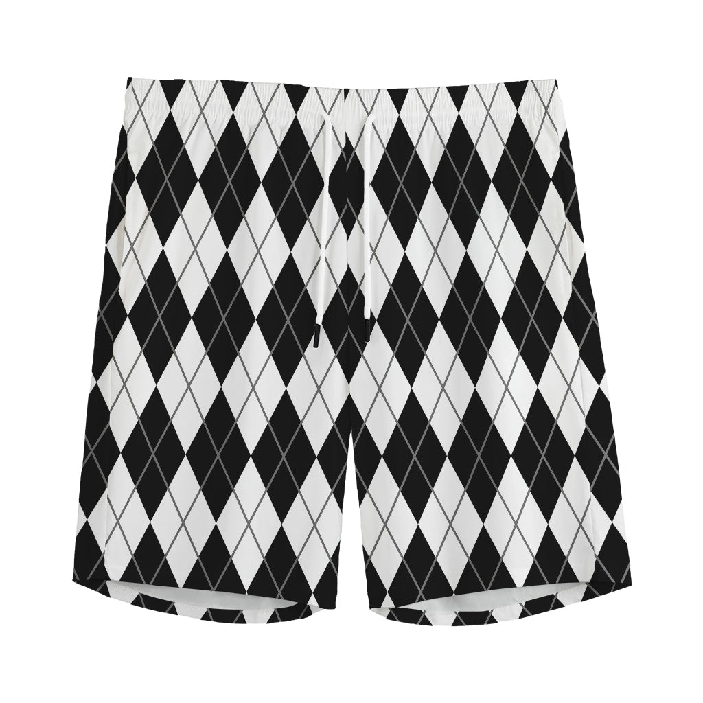 Black And White Argyle Pattern Print Men's Sports Shorts
