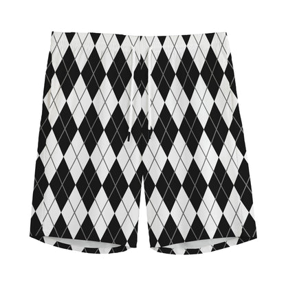 Black And White Argyle Pattern Print Men's Sports Shorts