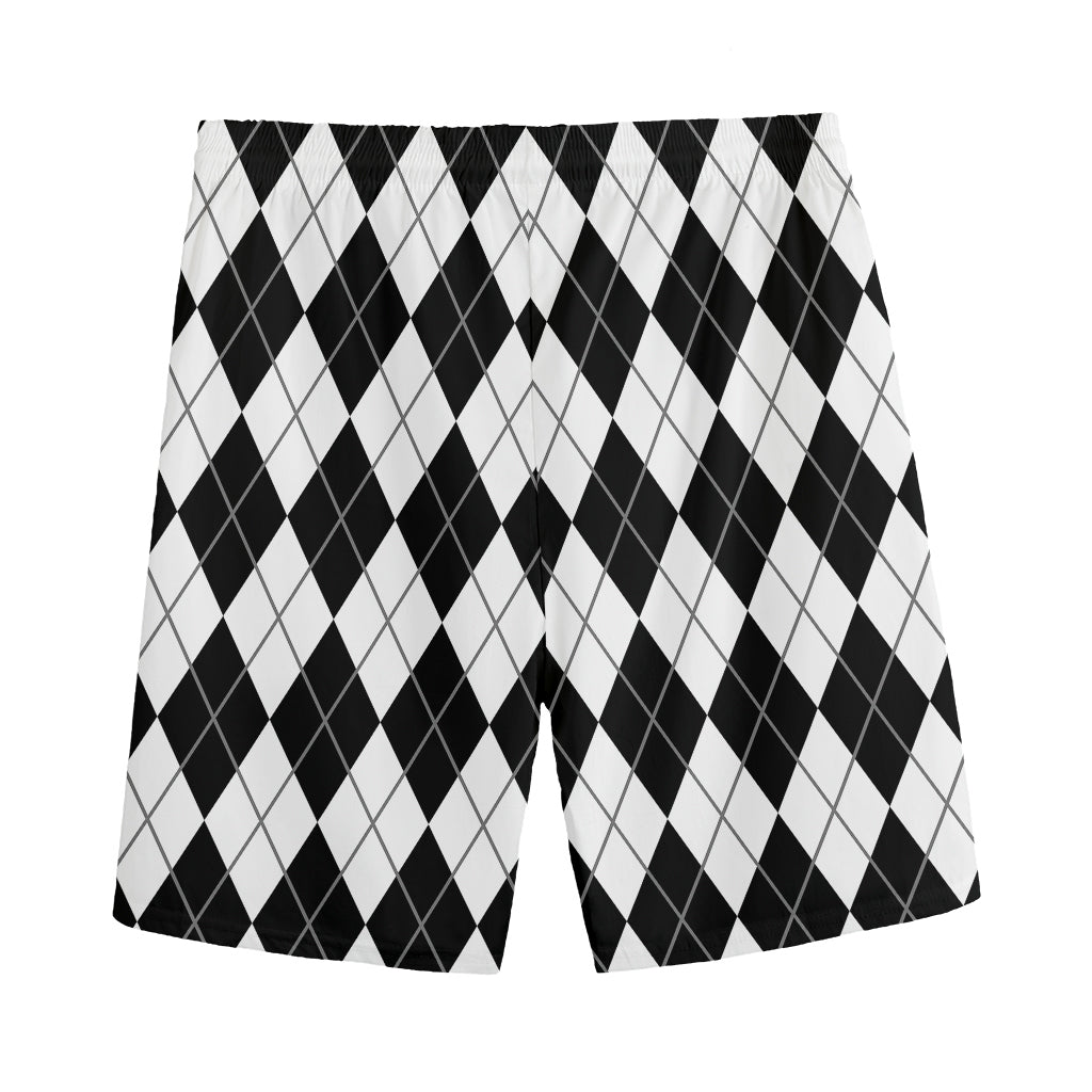 Black And White Argyle Pattern Print Men's Sports Shorts