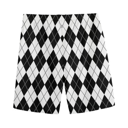 Black And White Argyle Pattern Print Men's Sports Shorts