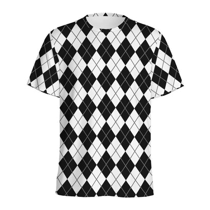Black And White Argyle Pattern Print Men's Sports T-Shirt