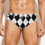 Black And White Argyle Pattern Print Men's Swim Briefs