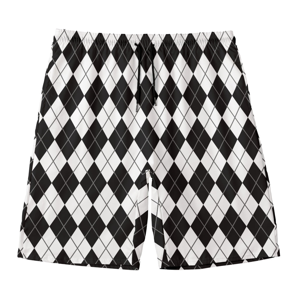 Black And White Argyle Pattern Print Men's Swim Trunks