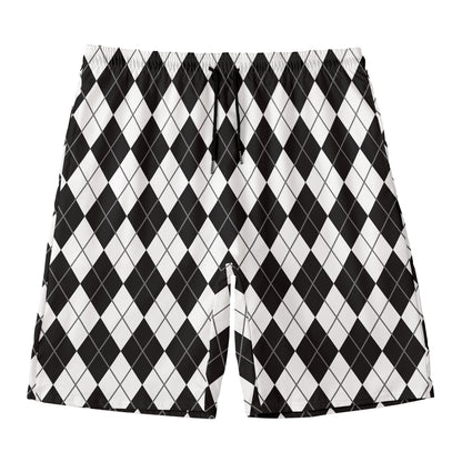 Black And White Argyle Pattern Print Men's Swim Trunks