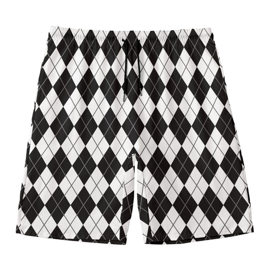 Black And White Argyle Pattern Print Men's Swim Trunks