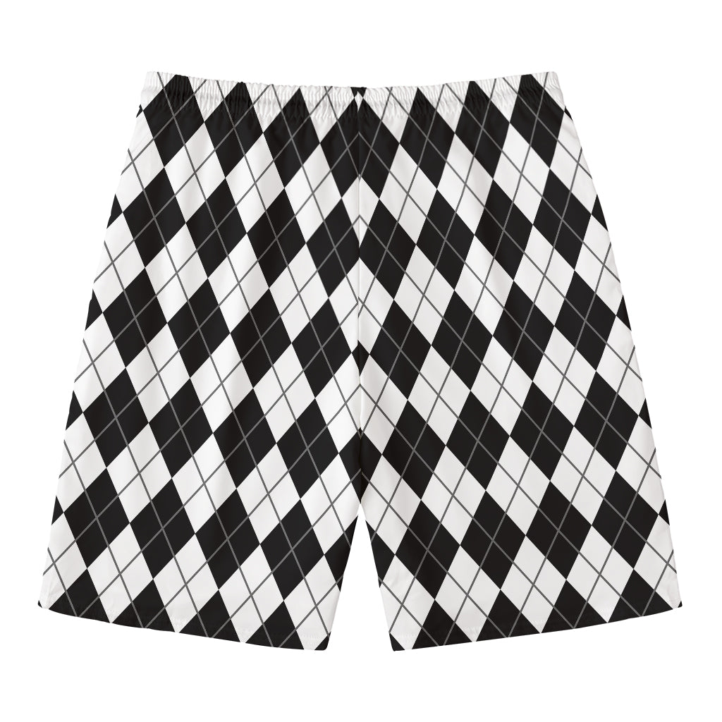 Black And White Argyle Pattern Print Men's Swim Trunks