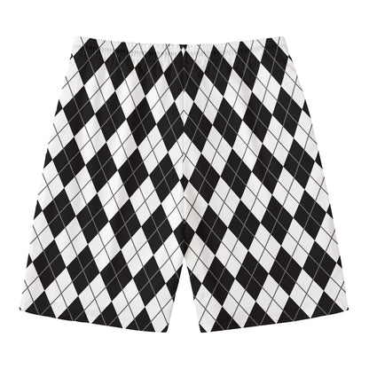 Black And White Argyle Pattern Print Men's Swim Trunks