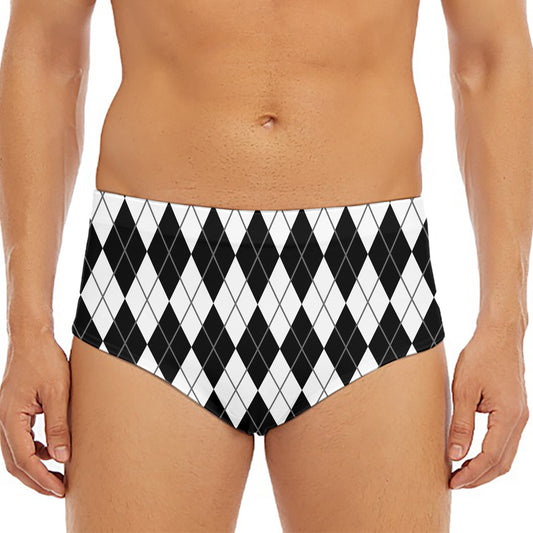 Black And White Argyle Pattern Print Men's Triangle Swim Briefs