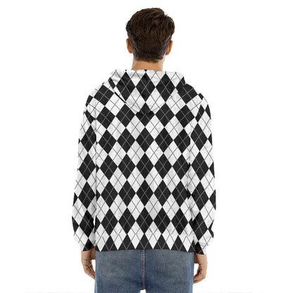 Black And White Argyle Pattern Print Men's Velvet Pullover Hoodie