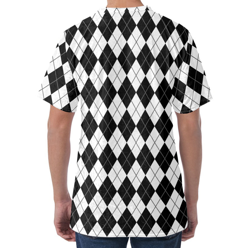 Black And White Argyle Pattern Print Men's Velvet T-Shirt