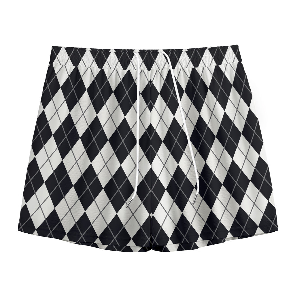 Black And White Argyle Pattern Print Mesh Shorts