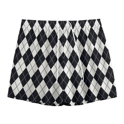 Black And White Argyle Pattern Print Mesh Shorts