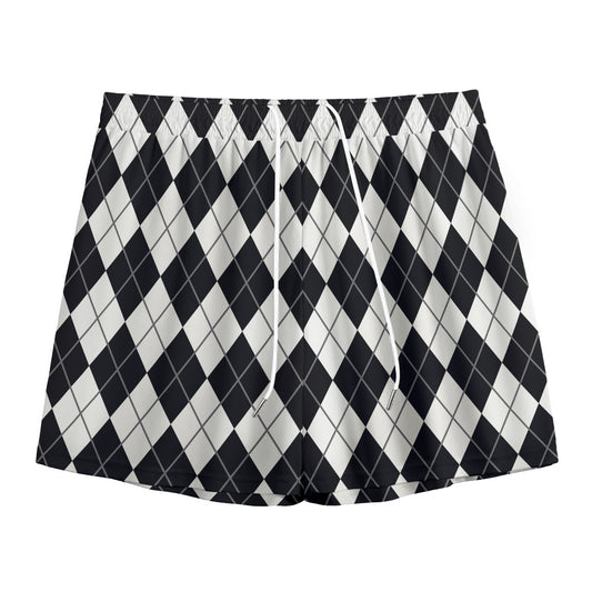 Black And White Argyle Pattern Print Mesh Shorts