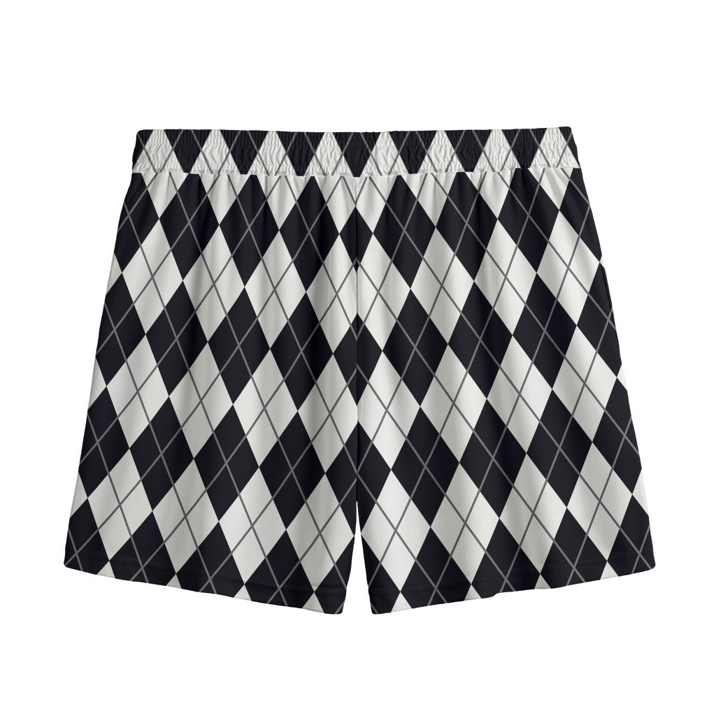 Black And White Argyle Pattern Print Mesh Shorts