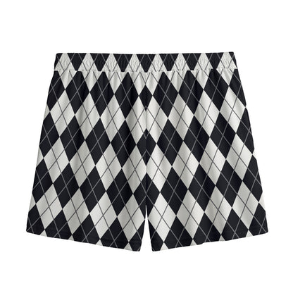 Black And White Argyle Pattern Print Mesh Shorts
