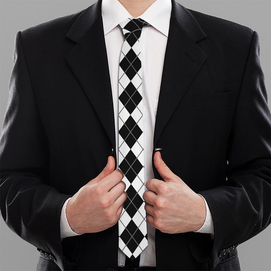 Black And White Argyle Pattern Print Necktie