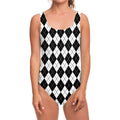 Black And White Argyle Pattern Print One Piece Swimsuit