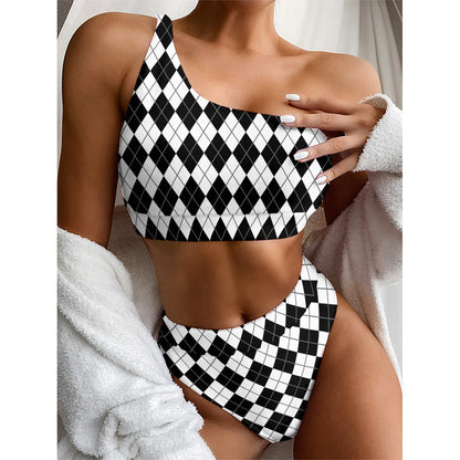 Black And White Argyle Pattern Print One Shoulder Bikini Top