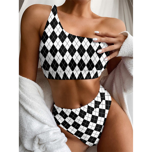 Black And White Argyle Pattern Print One Shoulder Bikini Top