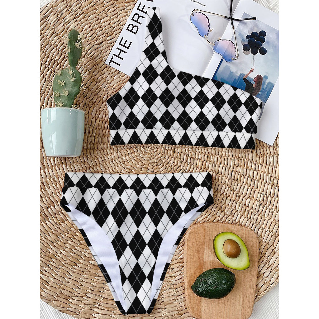 Black And White Argyle Pattern Print One Shoulder Bikini Top