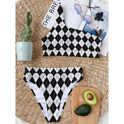 Black And White Argyle Pattern Print One Shoulder Bikini Top