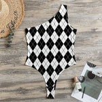 Black And White Argyle Pattern Print One Shoulder Bodysuit